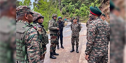 Army Commander Northern Command Lt General Upendra Dwivedi at the site of Thursday's terror attack in Bhata Dhurian area of Poonch, April 22, 2023. (Photo | PTI)