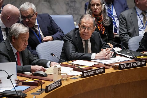 Russia's foreign minister Sergey Lavrov (R) listens as United Nations Secretary-General Antonio Guterres (L) speaks during a meeting of the UN Security Council, April 24, 2023. (Photo | AP)