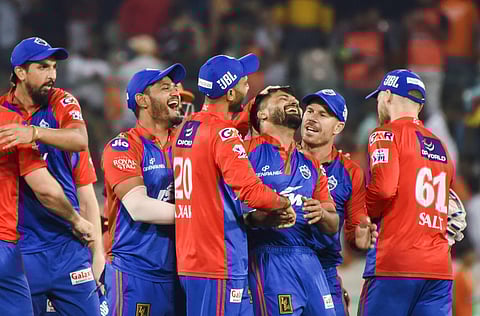 Delhi Capitals Players celebrate their win against Sunrisers Hyderabad. ( Photo | PTI )