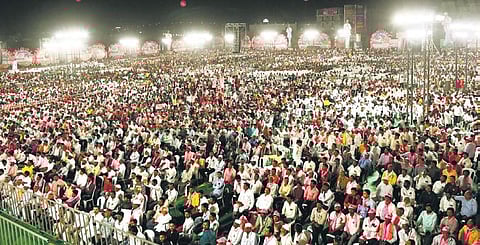 BRS chief K Chandrasekhar Rao waves to the crowd during a public meeting in Aurangabad