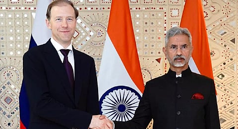 External Affairs Minister S Jaishankar with Russian Deputy Prime Minister Denis Manturov.(Photo | Twitter , @DrSJaishankar)