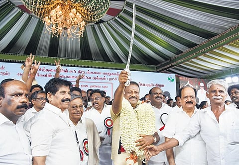 Former CM O Panneerselvam taking part in a conference in Tiruchy. (Photo | M K Ashok Kumar, EPS)