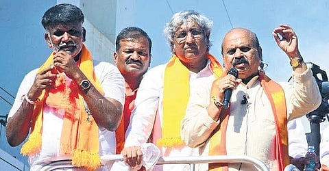 Chief Minister Basavaraj Bommai campaigns in Haveri on Monday. (Photo | Express)