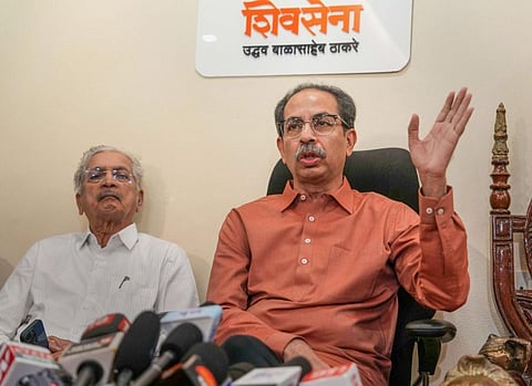 In this representational image, Shiv Sena (UBT) President Uddhav Thackeray addresses a press conference, in Mumbai, on April 11, 2023. (Photo | PTI)