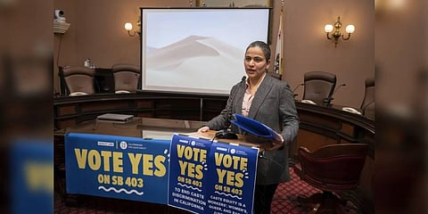 State Sen. Aisha Wahab proposes SB 403, a bill which adds caste as a protected category in the state's anti-discrimination laws, on March 22, 2023, in Sacramento, California. (Photo | AP)
