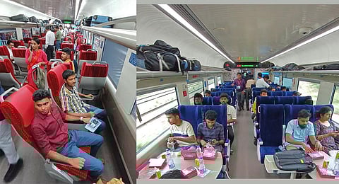 Passengers sitting on the swivel seats in Vande Bharat Express. (Photo | B P Deepu, EPS)
