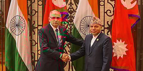 India's Foreign Secretary Vinay Kwatra with his Nepalese counterpart Bharat Raj Paudyal (Photo | PTI)