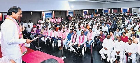 CM K Chandrasekhar Rao addresses a meeting after welcoming Maharashtra leaders into the BRS fold on Wednesday. (Photo Express)