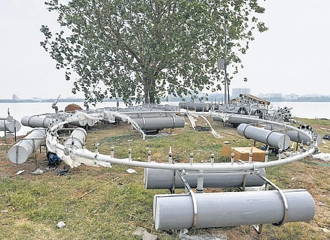 The parts for the modern multimedia laser show kept for installation near the banks of Hussainsagar in Hyderabad. (Photo | Vinay Madapu, EPS)