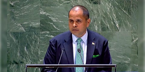 Pratik Mathur, Counsellor in the Permanent Mission of India to the UN, addresses the UNGA in New York. (Photo | Twitter@PratikMathur1)
