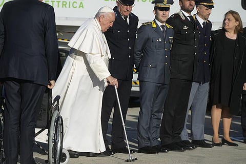 Pope Francis arrives to board his flight to Budapest at Rome's international airport in Fiumicino, Italy on Friday, April 28, 2023. (Photo | AP)