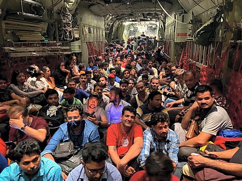 Indian nationals are still being taken in buses from interior parts of Sudan and from there, they are being carried to Jeddah on naval warships from Port Sudan. (Photo | Twitter@IAF_MCC)