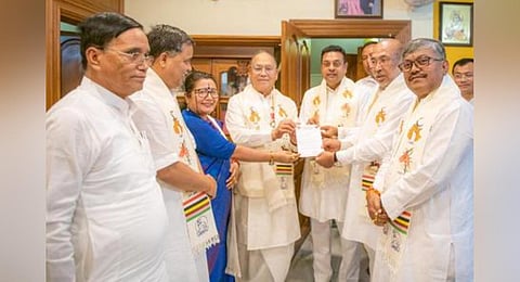The CM Felicitated Thounaojam Chaoba, Padma Shree Awardee along with National Spokesperson of BJP Sambit Patra.(Photo | Twitter)