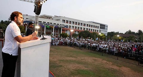 Congress leader Rahul Gandhi addresses a public meeting in Mangaluru. (Photo | PTI)