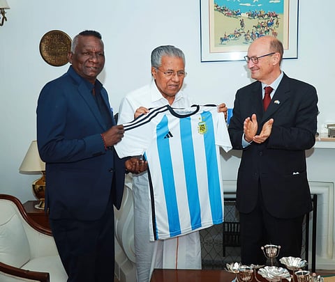 Ambassador of Argentina in India, Hugo Javier Gobbi, hosts CM Pinarayi Vijayan and footballer I M Vijayan at his residence in Panchsheel Marg in New Delhi on Thursday.
