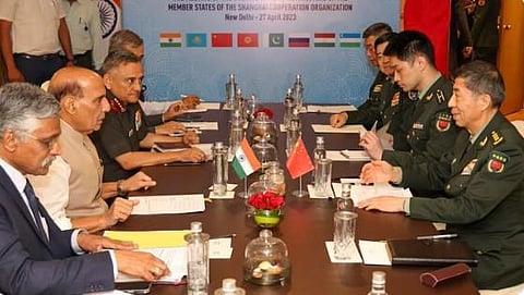 China's Defence Minister, General Li Shangfu held a 45-minute-long meeting with his Indian counterpart Rajnath Singh on Thursday (Photo | Twitter)