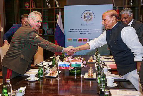 Defence Minister Rajnath Singh with Russian Defence Minister Sergei Shoigu during a bilateral meeting on the sidelines of the SCO Defence Ministers' Meeting in New Delhi on Friday (Photo | PTI)