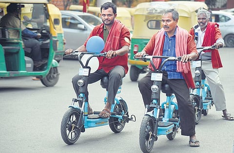 Representational Image: In this backdated image, porters use electric Yulu bikes at Cantonment Railway station, in Bengaluru. (Photo| EPS)