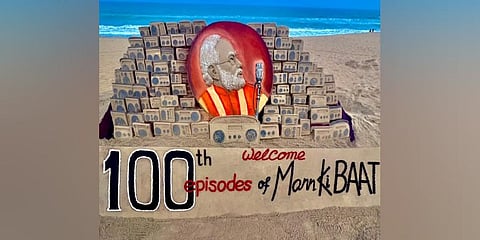 A sand art celebrating the 100th episode of Mann Ki Baat at Puri beach in Odisha. (Photo | Twitter@sudarsansand)