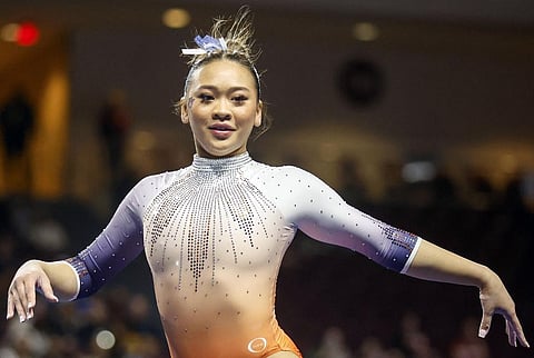 Auburn's Sunisa Lee competes on the floor exercise during an NCAA gymnastics meet Jan. 7, 2023, in Las Vegas. (Photo | AP)