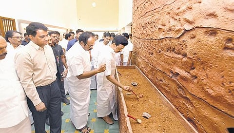 CM MK Stalin inspects an exhibit at the Keezhadi museum used for representational purpose | Express