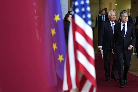 EU foreign policy chief Josep Borrell, left, and US Secretary of State Blinken arrive to address the media prior to the EU-US Energy Council Ministerial meet in Brussels, April 4, 2023. (Photo | AP)