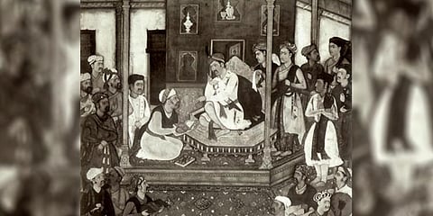 An illustration of Akbar recieving the Akbar Nama from Abul Fazl published in a NCERT textbook.