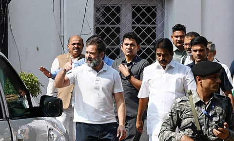 Senior Congress leader Rahul Gandhi leaves after the Congress Central Election Committee (CEC) meeting regarding the upcoming Karnataka Assembly elections, in New Delhi. (Photo | Shekhar Yadav, EPS)