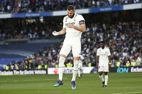 Real Madrid's Karim Benzema celebrates after scoring his side's third goal during a Spanish La Liga soccer match. (Photo | AP)
