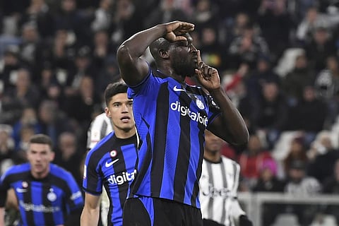 Inter Milan's Romelu Lukaku (90) gestures after scoring a goal in a Italian cup semi final first leg soccer match between Juventus and Inter Milan. (Photo | AP)