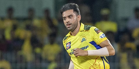 Chennai Super Kings bowler Deepak Chahar in action during the IPL 2023 cricket match against the Lucknow Super Giants in Chennai, April 3, 2023. (Photo | AP)