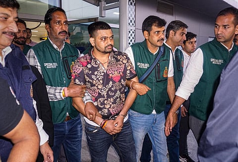 Gangster Deepak 'Boxer', a wanted fugitive in India, was brought from Mexico by Delhi Police's special cell team following his arrest, in New Delhi, on April 5, 2023. (Photo | PTI)
