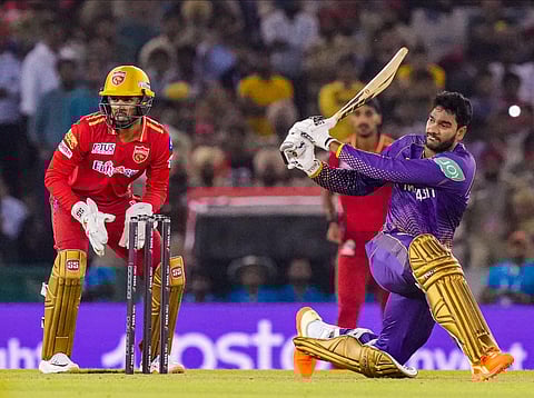 Kolkata Knight Riders batsman Venkatesh Iyer plays a shot during IPL 2023 cricket match between Punjab Kings and Kolkata Knight Riders, in Mohali, April 1, 2023. (Photo | PTI)