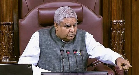 Rajya Sabha Chairman Jagdeep Dhankhar conducts proceedings of the House during Budget Session of Parliament, in New Delhi, Wednesday, April 5, 2023. (PTI)