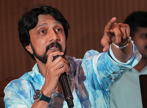 Kannada actor Kiccha Sudeep who announced to campaign for BJP in upcoming State Assembly polls, during a press conference in Bengaluru,Wednesday, April 5, 2023. (Photo | PTI)