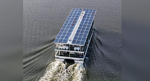 KSINC’s solar powered hybrid boat Suryamshu cruising in the backwaters of Kochi on Tuesday
