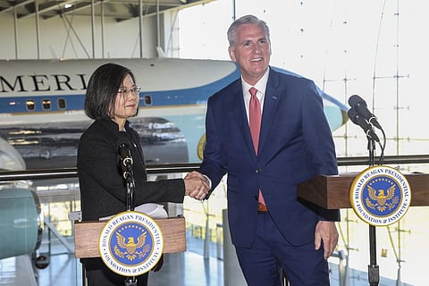 US House Speaker Kevin McCarthy (R) shakes hands with Taiwanese President Tsai Ing-wen after a Bipartisan Leadership Meeting at the Ronald Reagan Presidential Library, April 5, 2023. (Photo | AP)