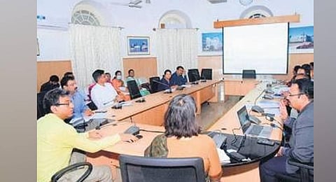 BBMP Commissioner Tushar Girinath chairs a monsoon preparatory meeting on Wednesday. (Photo | Express)