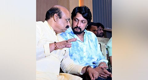 CM Basavaraj Bommai with actor Sudeep in Bengaluru on Wednesday. (Photo | Shashidhar Byrappa, EPS)