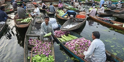 A file photo of a farmer selling vegetables at a floating market on the Dal Lake in Srinagar, used for representative purposes only. (Photo | PTI)