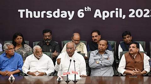 Congress president Mallikarjun Kharge flanked by lawmakers from Opposition parties speaks during a press conference in New Delhi on Thursday, April 6, 2023. (Photo | Shekhar Yadav, EPS)