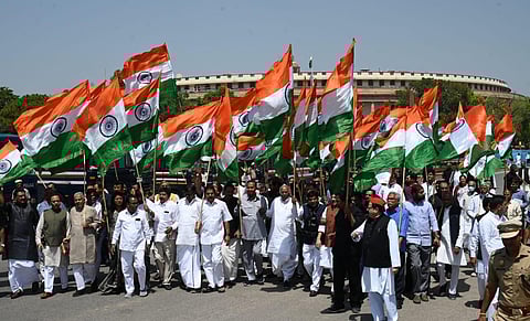 Lawmakers from Opposition parties conduct a ‘Tiranga March’ from the Parliament house to Vijay Chowk in New Delhi on Thursday, April 6, 2023. (Photo | Shekhar Yadav, EPS)
