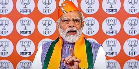 Prime Minister Narendra Modi virtually addresses party leaders and workers on the occasion of BJP 'Sthapna Diwas' (Foundation Day), in New Delhi on April 6. (Photo | PTI)