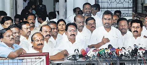 AIADMK MLAs talking to reporters after walking out of the Assembly on Thursday. (Photo | P Jawahar, EPS)