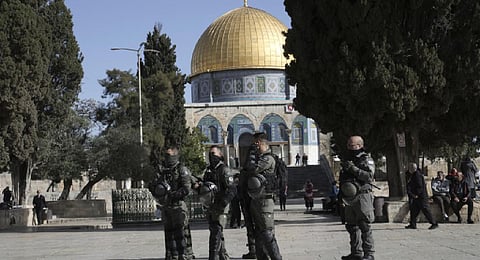 Israeli police are deployed at the Al-Aqsa Mosque compound following a raid at the site in the Old City of Jerusalem during the Muslim holy month of Ramadan. (Photo | AP)