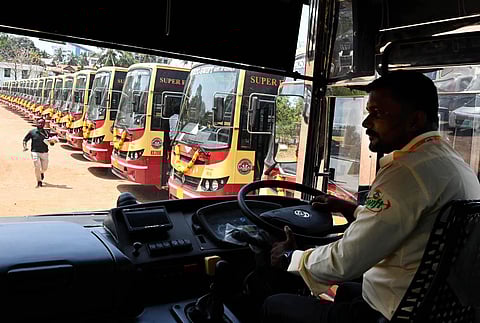 Fleet of KSRTC superfast SWIFT 131new buses ready to start services at police training college ground at Thycaud in Thiruvananthapuram. (Photo | Vincent Pulickal, EPS)