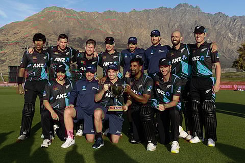New Zealand's players pose for a team photo after their series win during the third Twenty20 cricket match against Sri Lanka at John Davies Oval in Queenstown on April 8, 2023. (Photo | AFP)