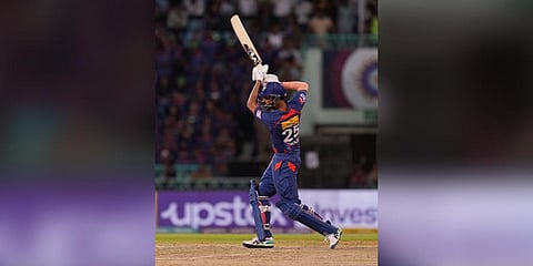 Lucknow Super Giants batter Krunal Pandya plays a shot during the IPL 2023 cricket match between Lucknow Super Giants (LGS) and Sunrisers Hyderabad (SRH). (Photo | PTI)