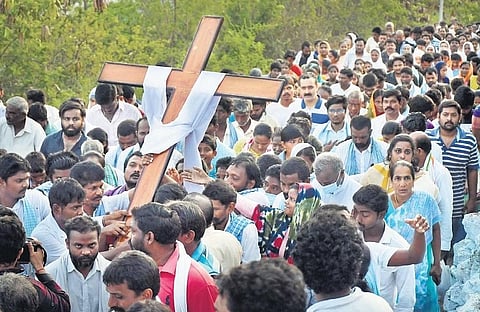 Devotees take part in the ‘The Way of the Cross’ taken out on the occasion of Good Friday at Gunadala Mother Mary shrine in Vijayawada | Prasant Madugula