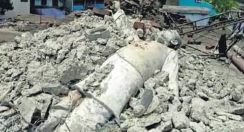 One of the desecrated statues dumped at Atharbanki in Paradip. (Photo | Express)